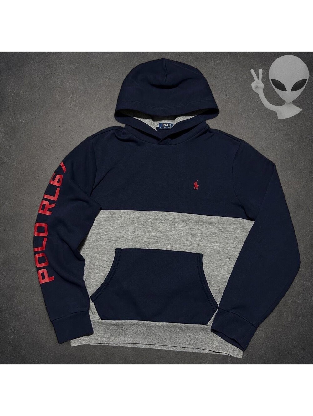 Polo Ralph Lauren Hoodie Mens Size M Navy Grey Colorblock RL67 Spellout Fleece